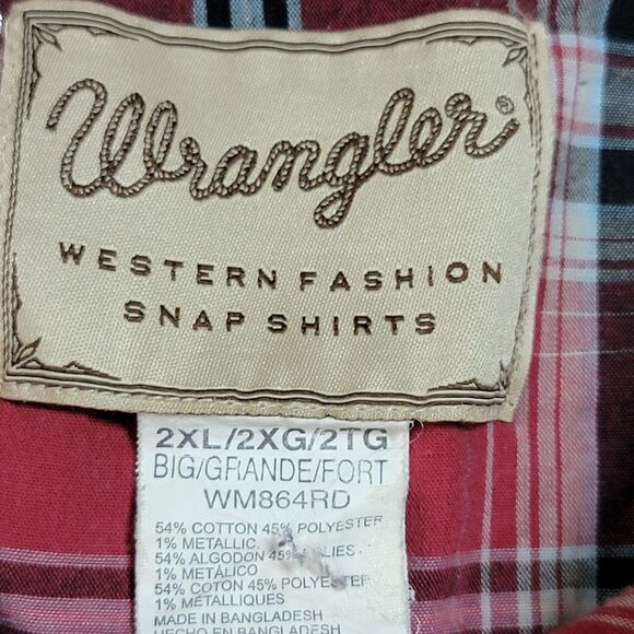 Wrangler Full Pearl Snap SS Western Shirt Burgundy Plaid - Size 2XL - Picture 4 of 4